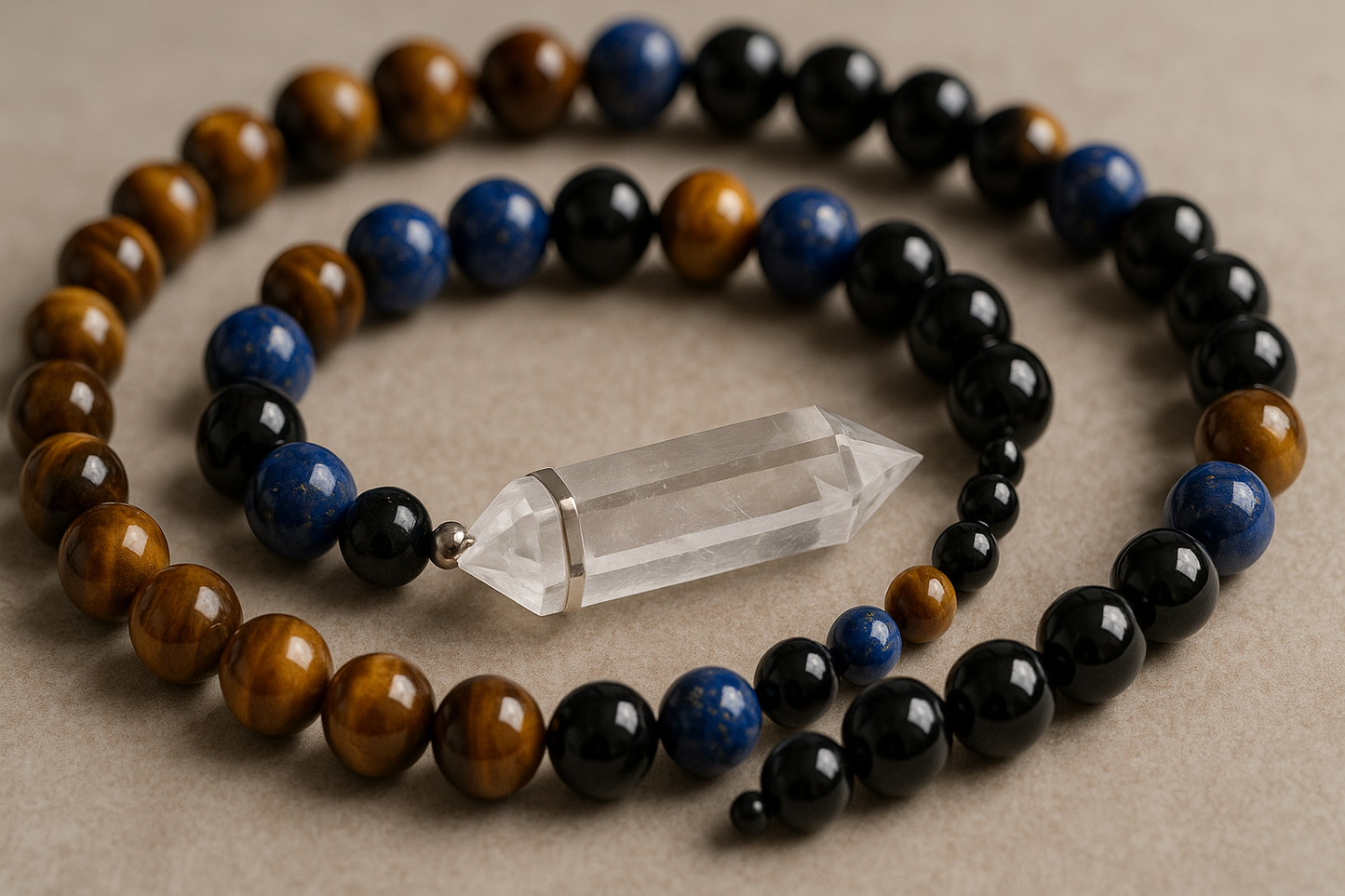 Natural Crystal necklace with tigers eye, lapis lazuli, black obsidian, and a clear quartz double point pendant