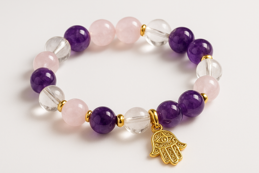 Natural Crystal Bracelet with Amethyst, Rose Quartz, Clear Quartz, with gold accents and a hamsa charm